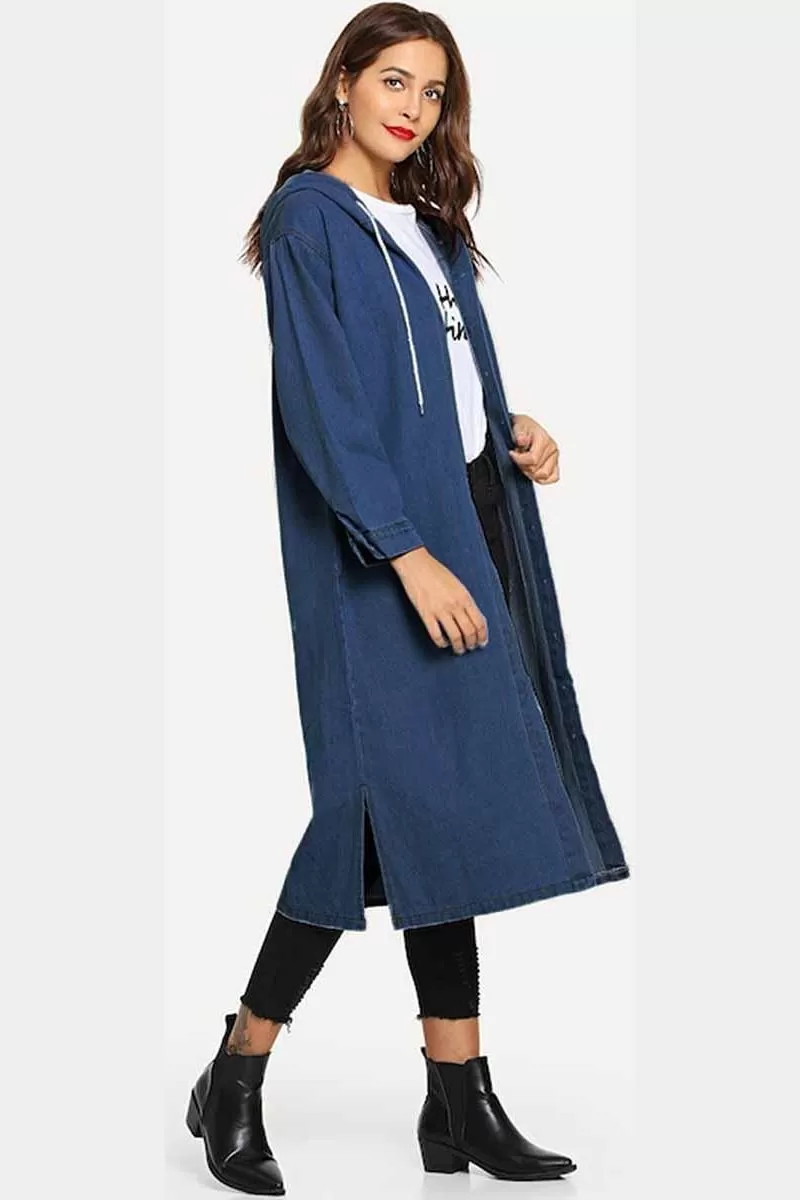 BUTTON CLOSURE HOODED LONG DENIM JACKET