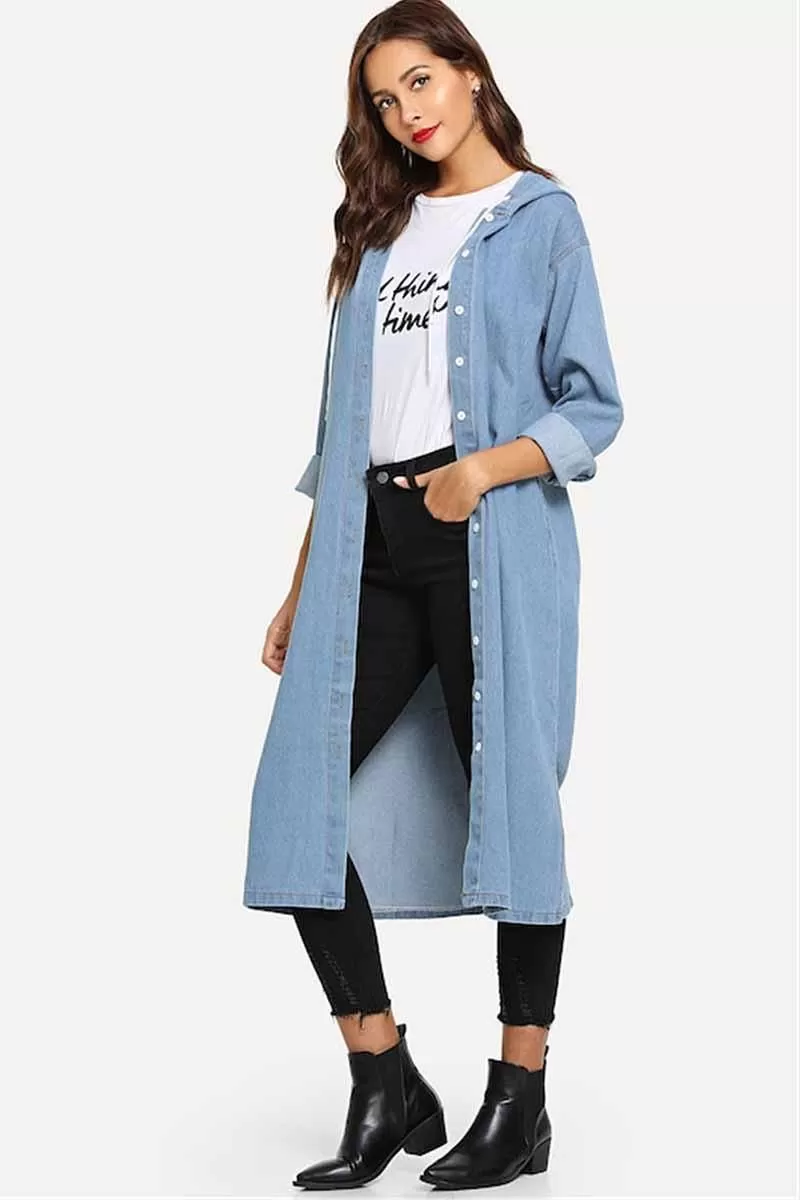 BUTTON CLOSURE HOODED LONG DENIM JACKET