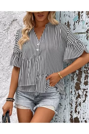 BUTTON NECK RUFFLE SLEEVE STRIPE TUNIC TOP