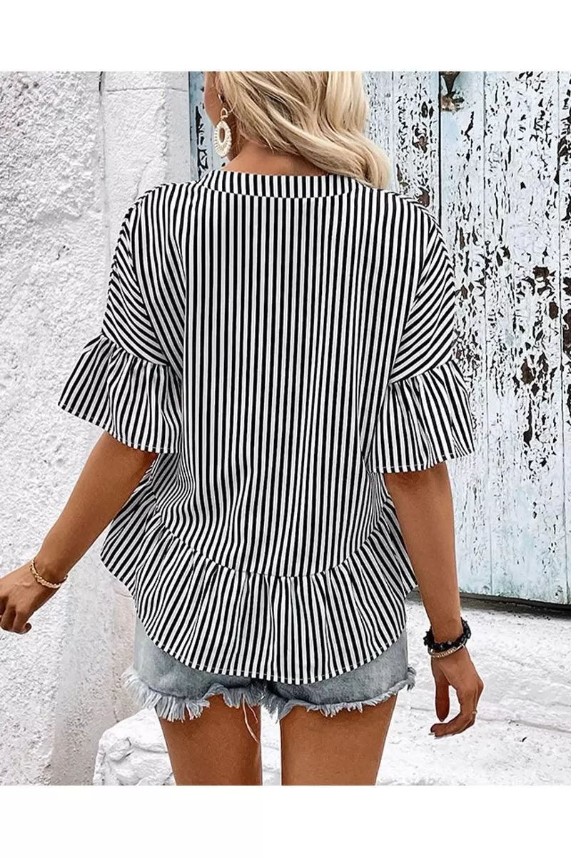 BUTTON NECK RUFFLE SLEEVE STRIPE TUNIC TOP