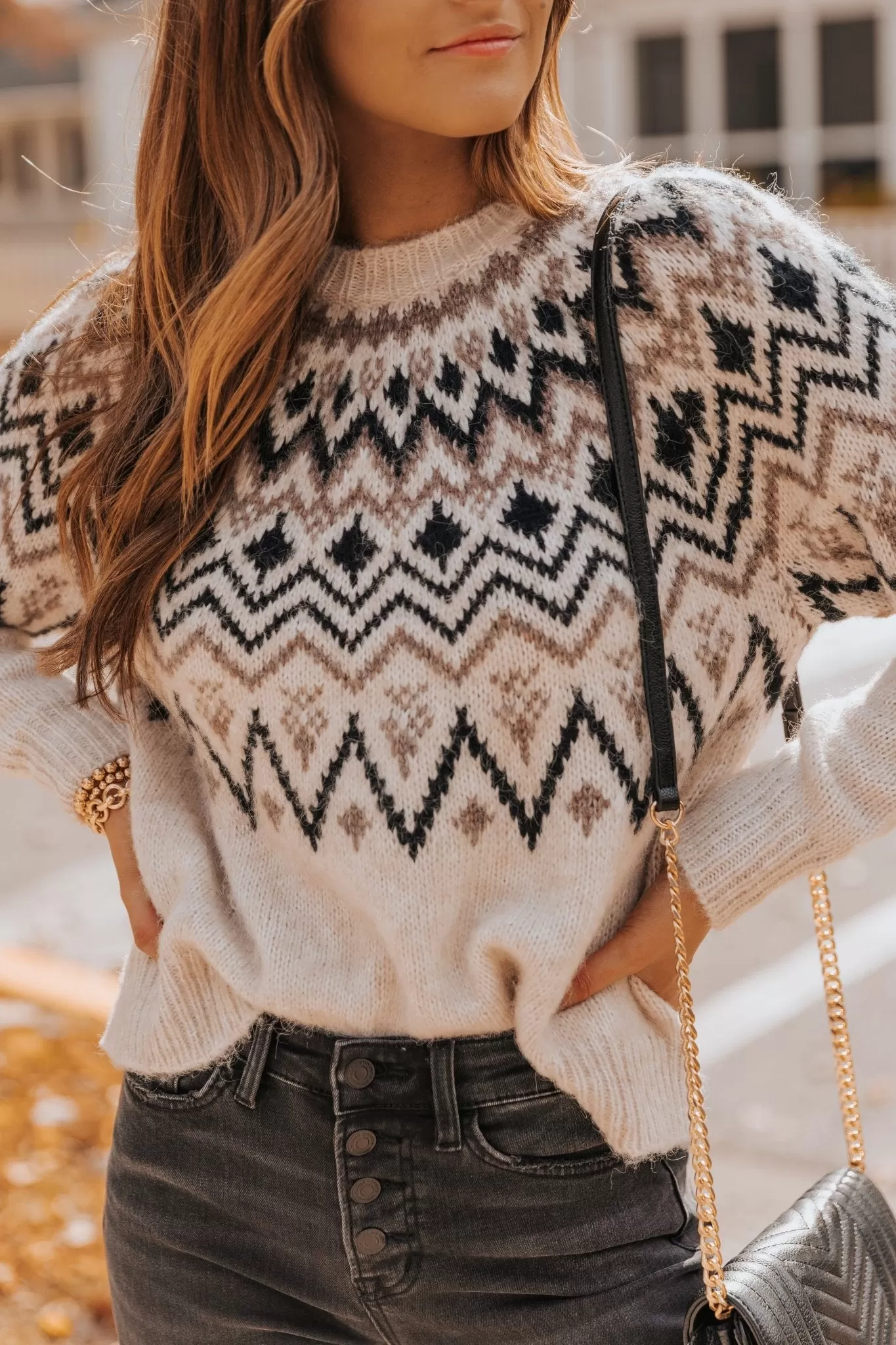 Carolina Beige Fair Isle Crewneck Sweater