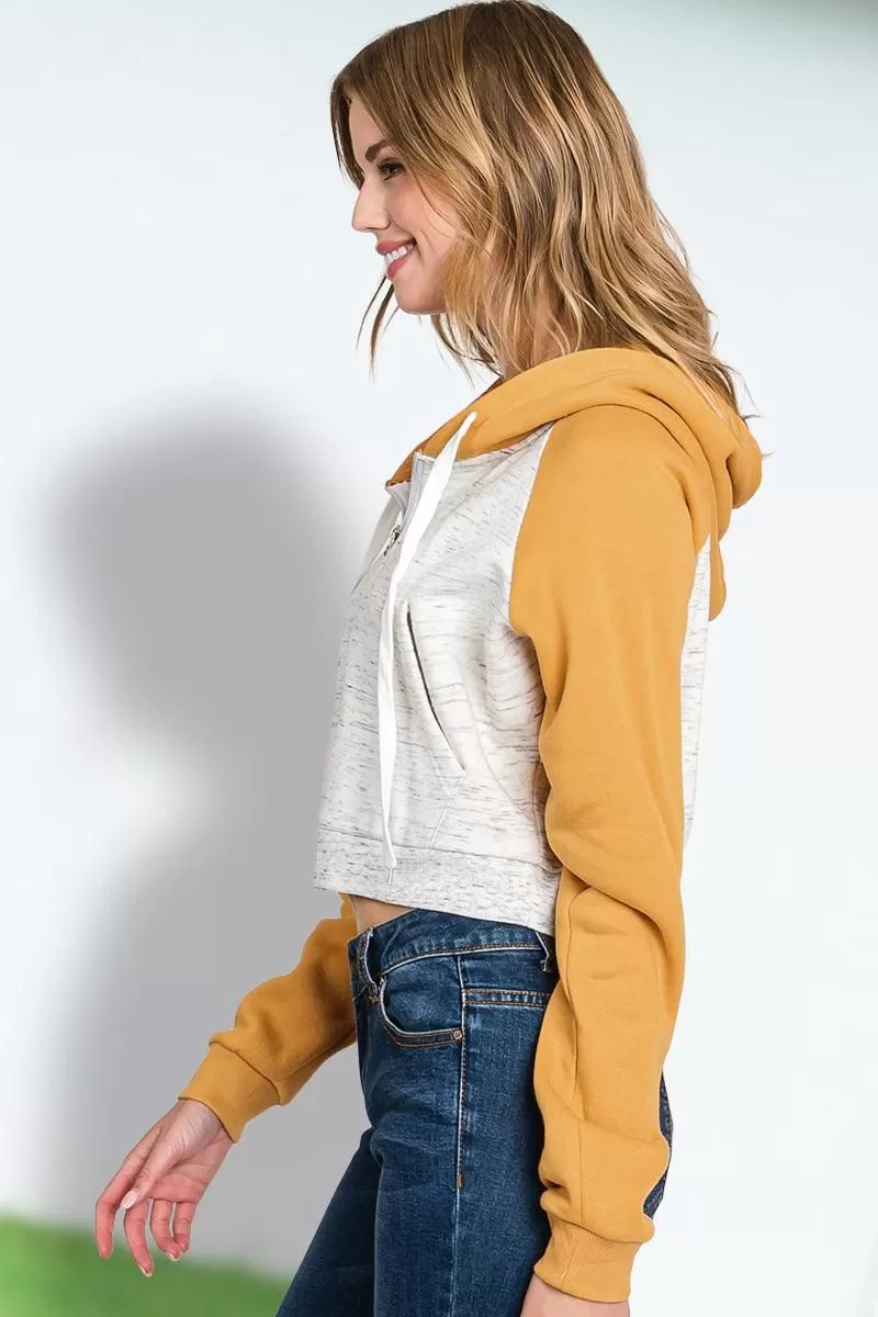 CONTRAST RAGLAN SLEEVE CROP ZIP UP HOODIE