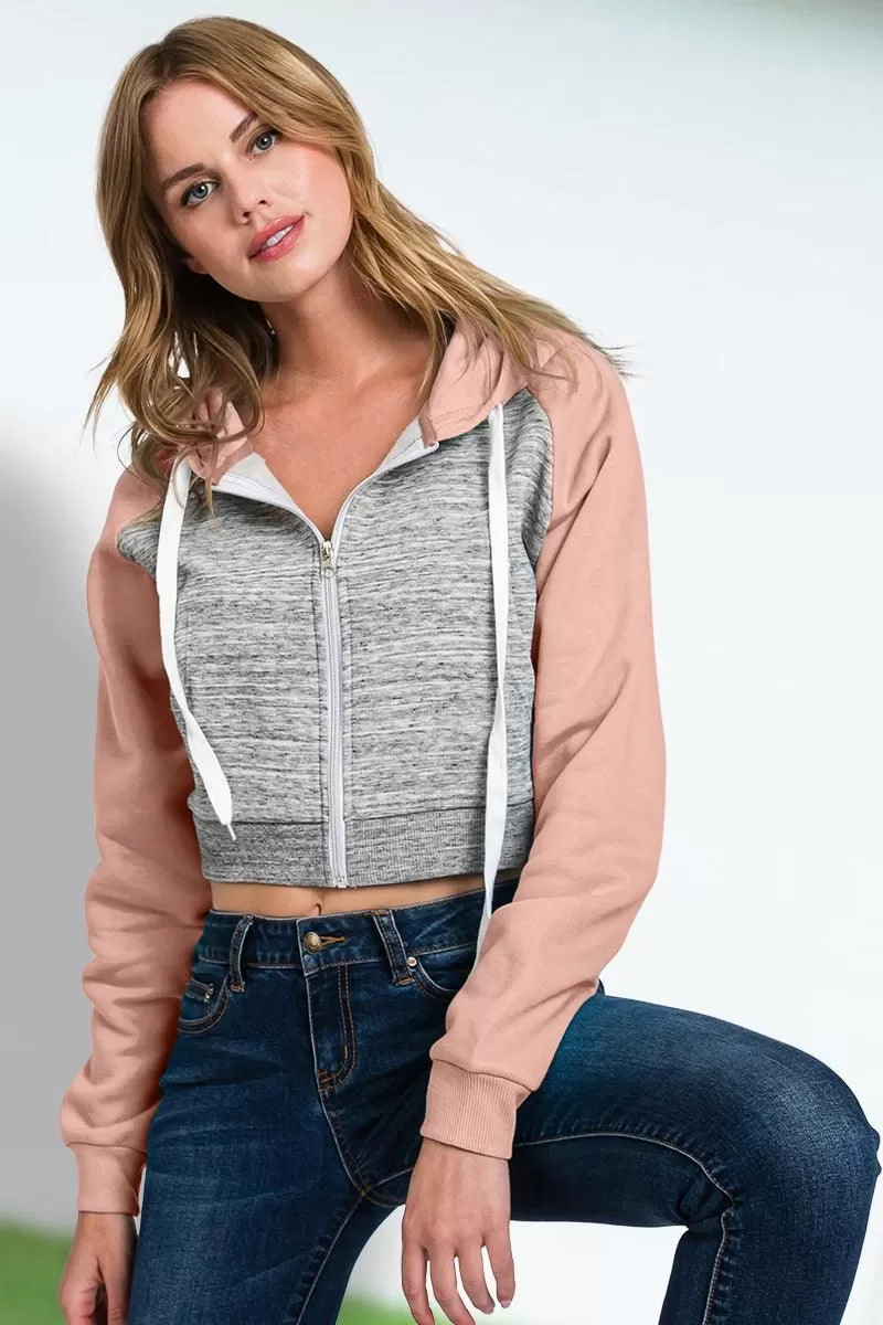 CONTRAST RAGLAN SLEEVE CROP ZIP UP HOODIE