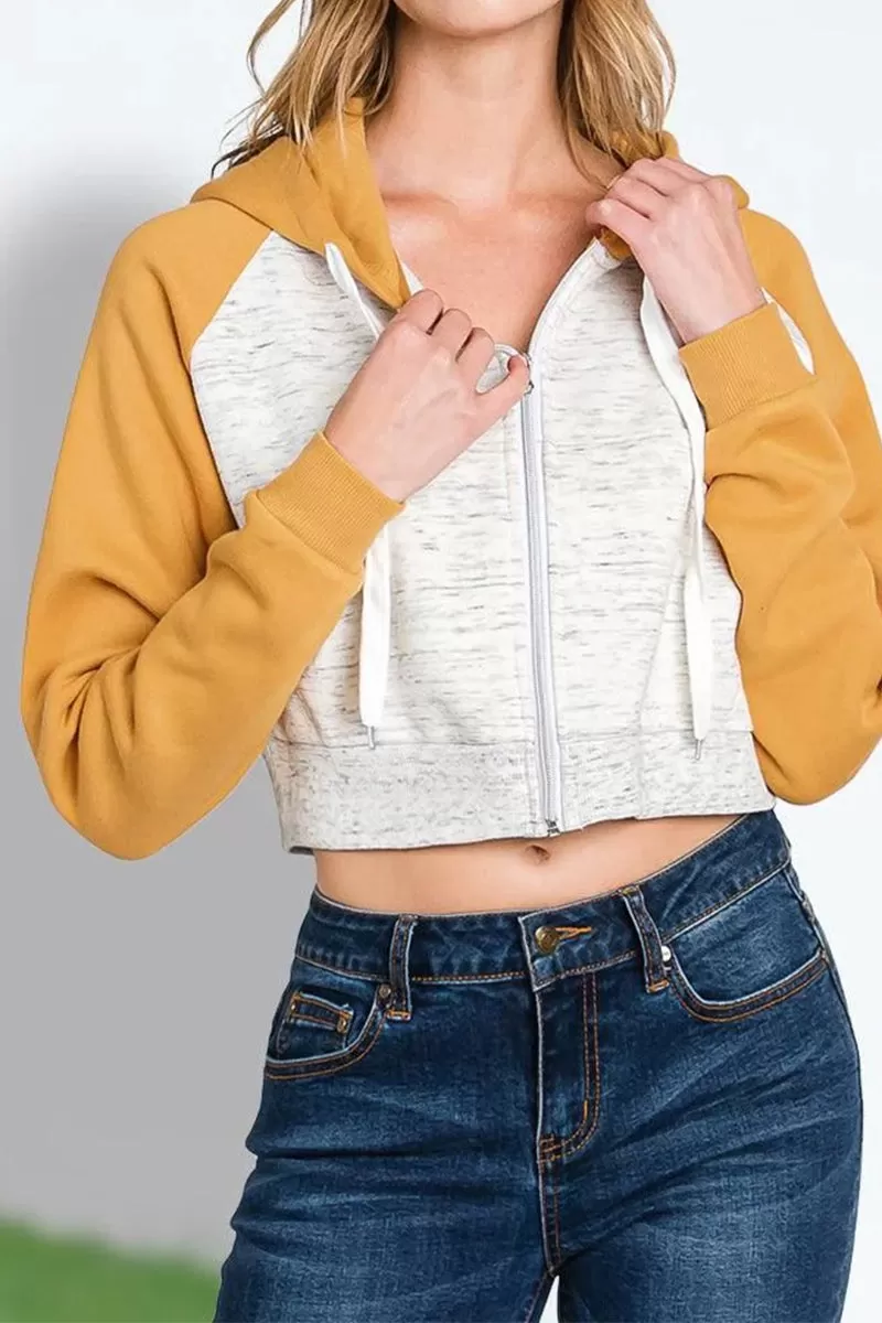 CONTRAST RAGLAN SLEEVE CROP ZIP UP HOODIE