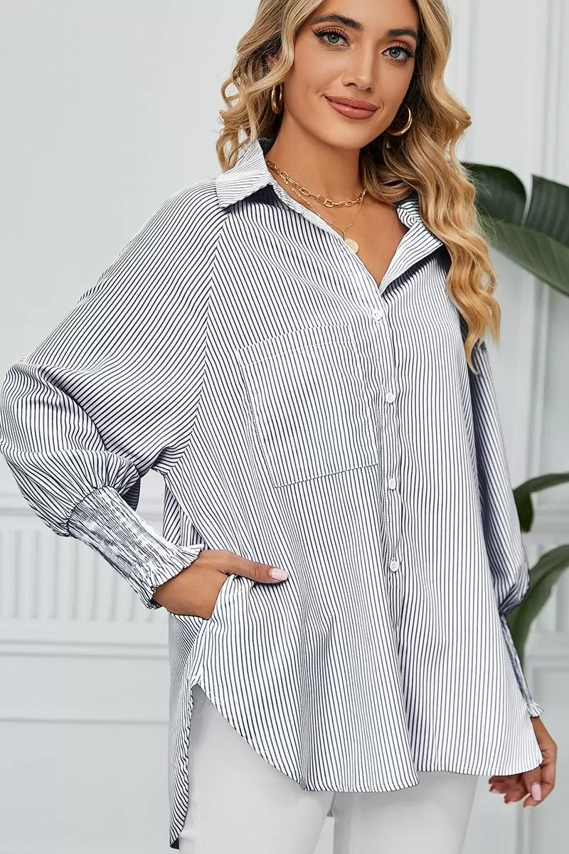 CUFF DRAW PLEATED LOOSE STRIPE COLLAR SHIRTS