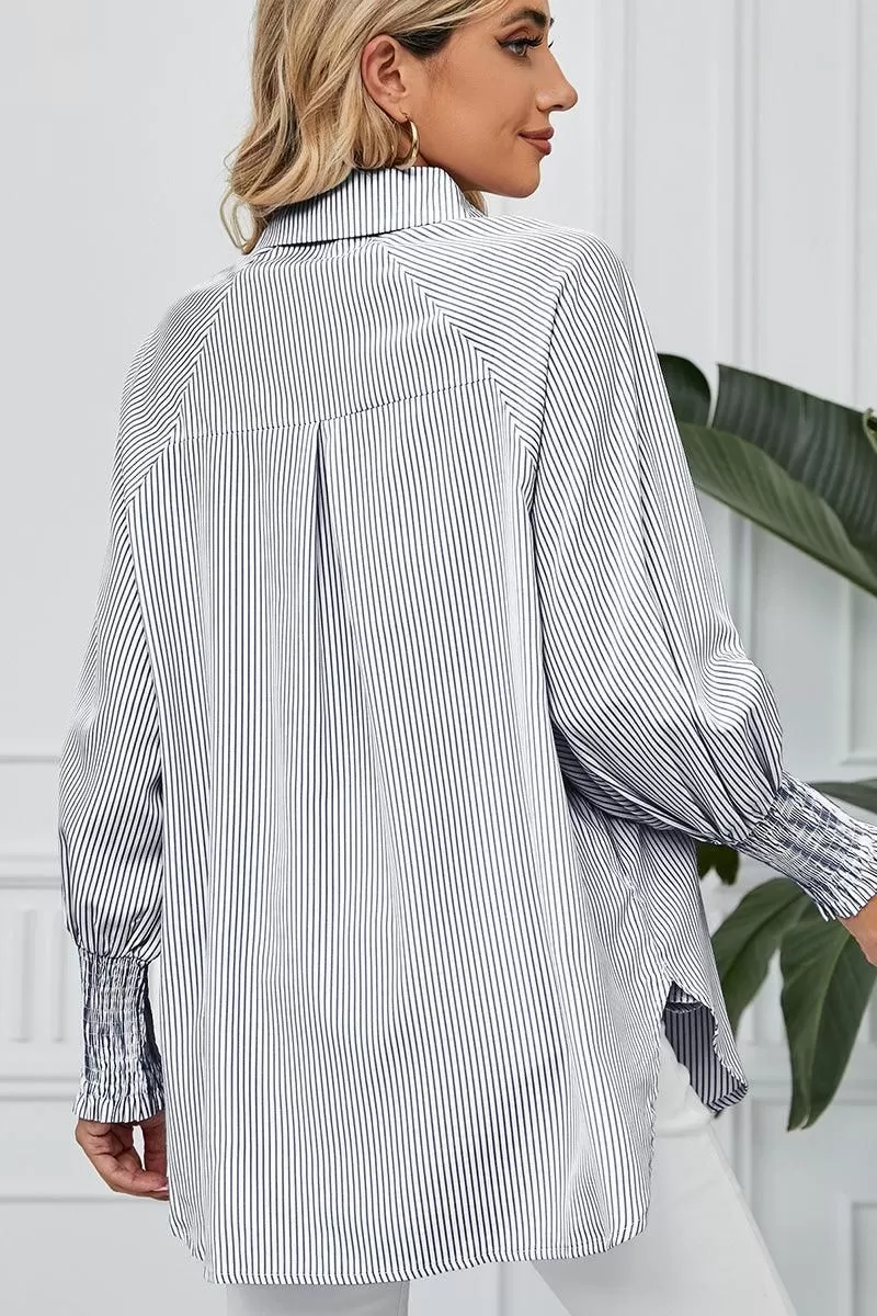 CUFF DRAW PLEATED LOOSE STRIPE COLLAR SHIRTS