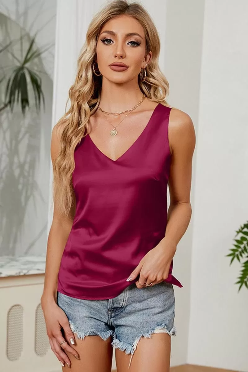 DEEP V NECK SATIN SLEEVELESS TUNIC TOP