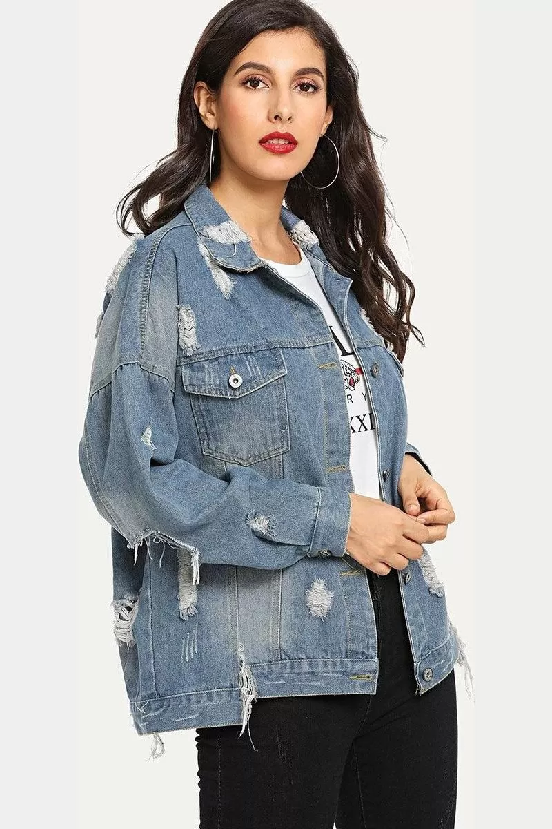 DISTRESSED BUTTON DOWN LONG SLEEVE DENIM JACKET