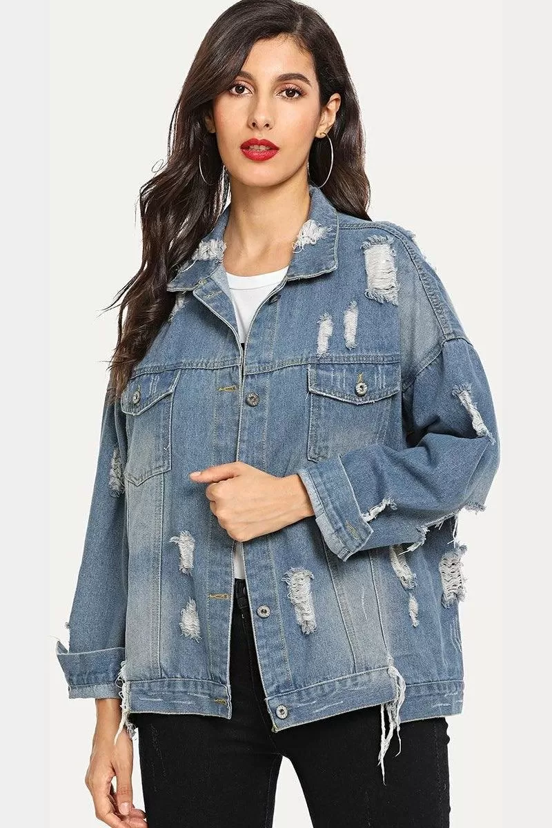 DISTRESSED BUTTON DOWN LONG SLEEVE DENIM JACKET