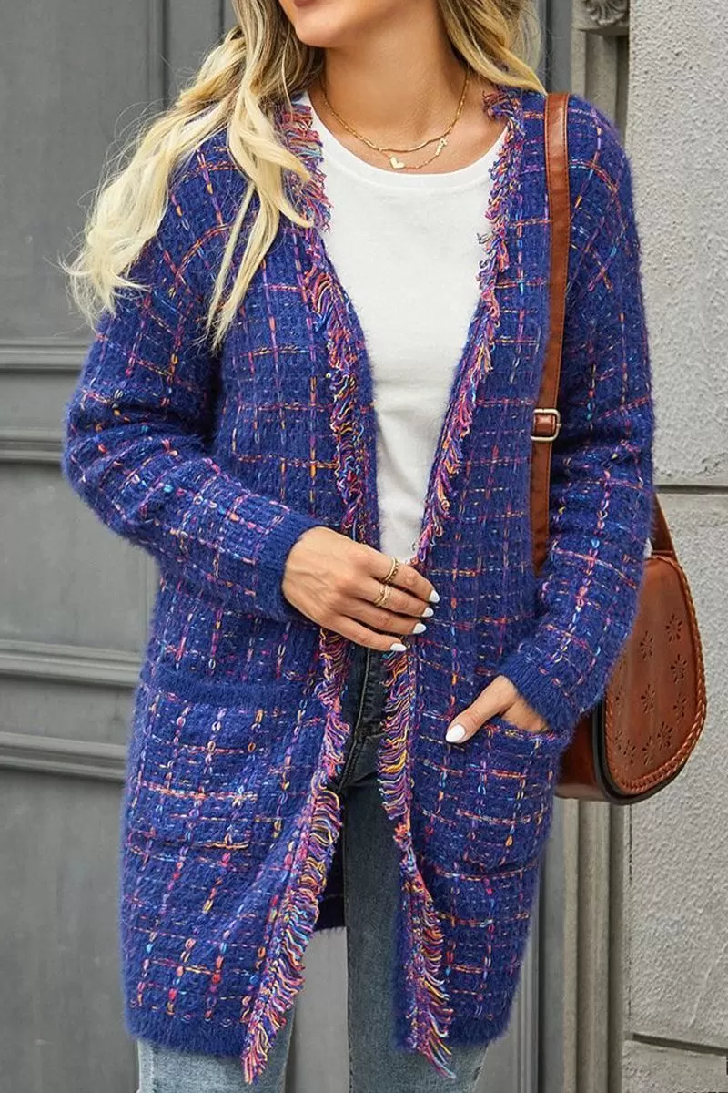 DISTRESSED PLAID PATTERN CARDIGAN FOR WOMEN