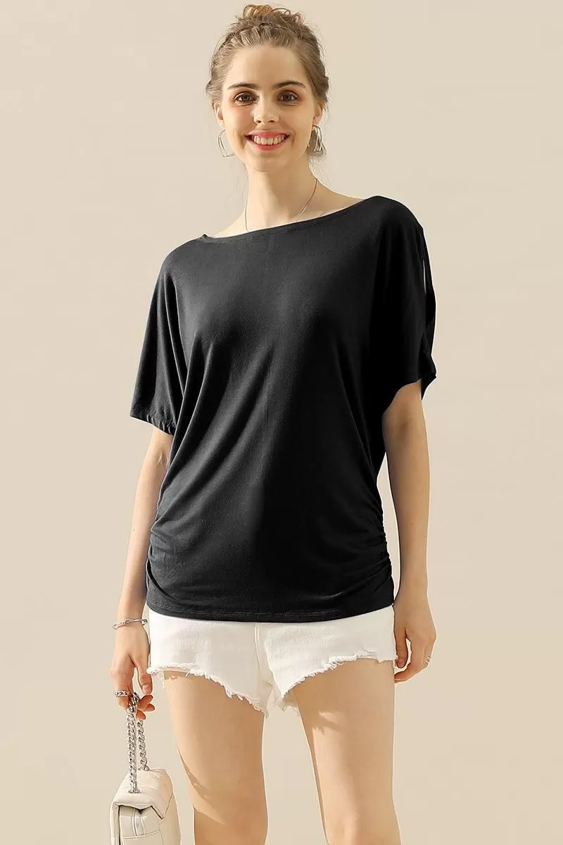 DOLMAN SIDE SLIT SHORT SLEEVE BOAT NECKLINE TEE