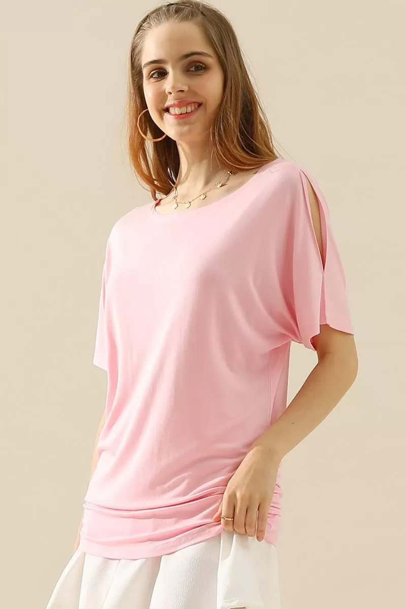 DOLMAN SIDE SLIT SHORT SLEEVE BOAT NECKLINE TEE