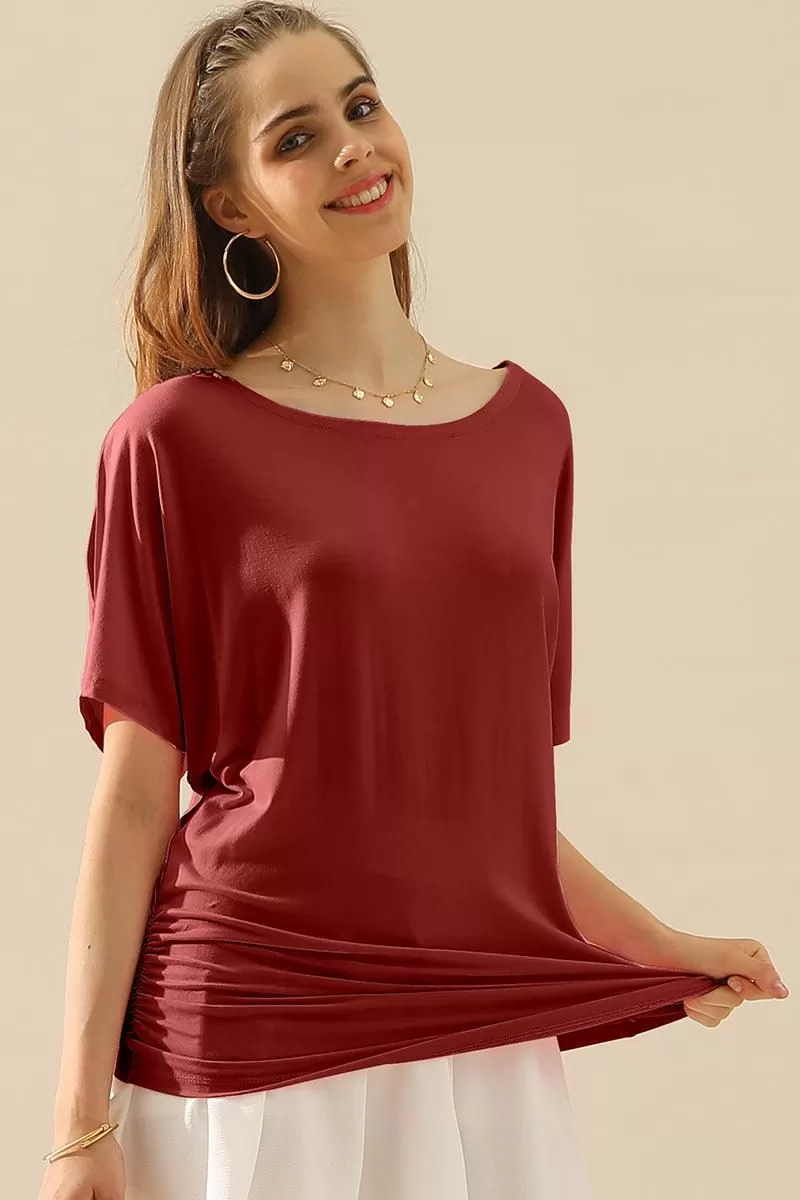 DOLMAN SIDE SLIT SHORT SLEEVE BOAT NECKLINE TEE