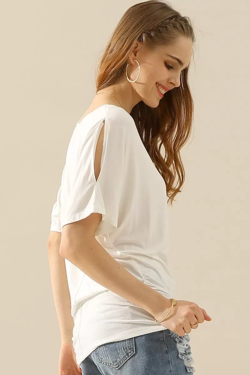 DOLMAN SIDE SLIT SHORT SLEEVE BOAT NECKLINE TEE