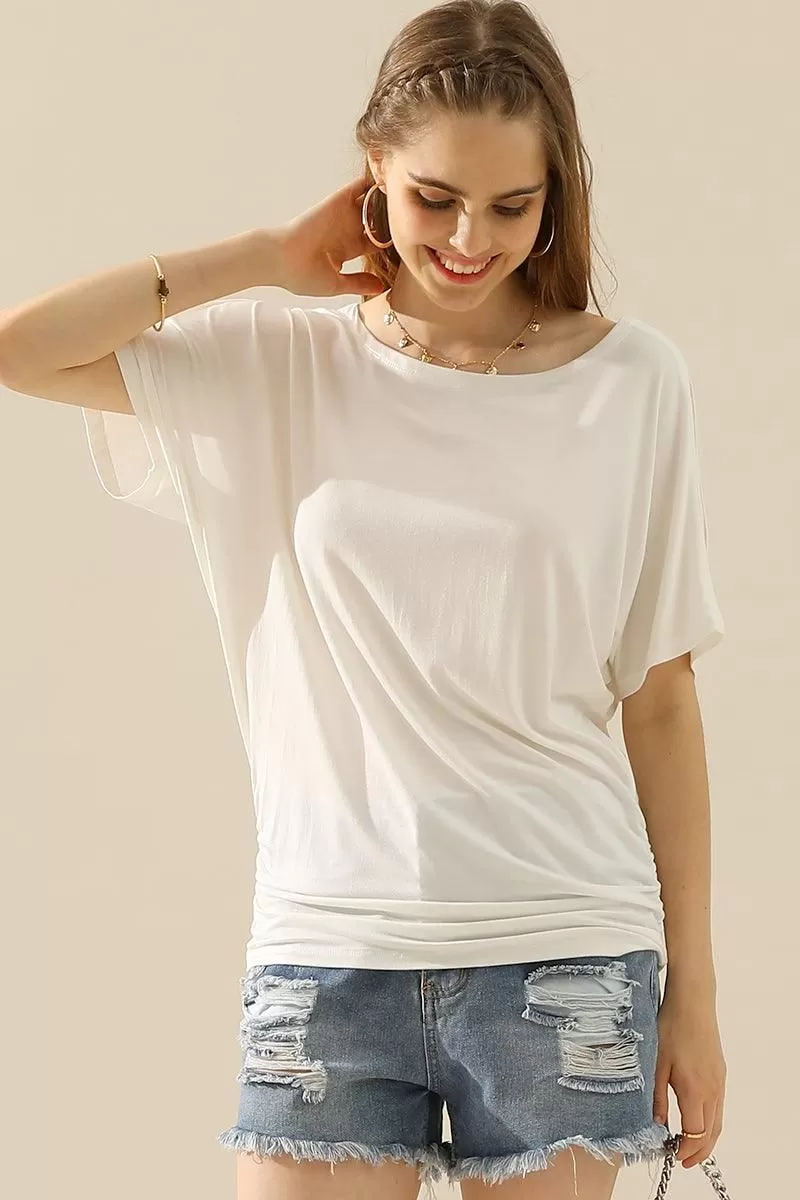 DOLMAN SIDE SLIT SHORT SLEEVE BOAT NECKLINE TEE