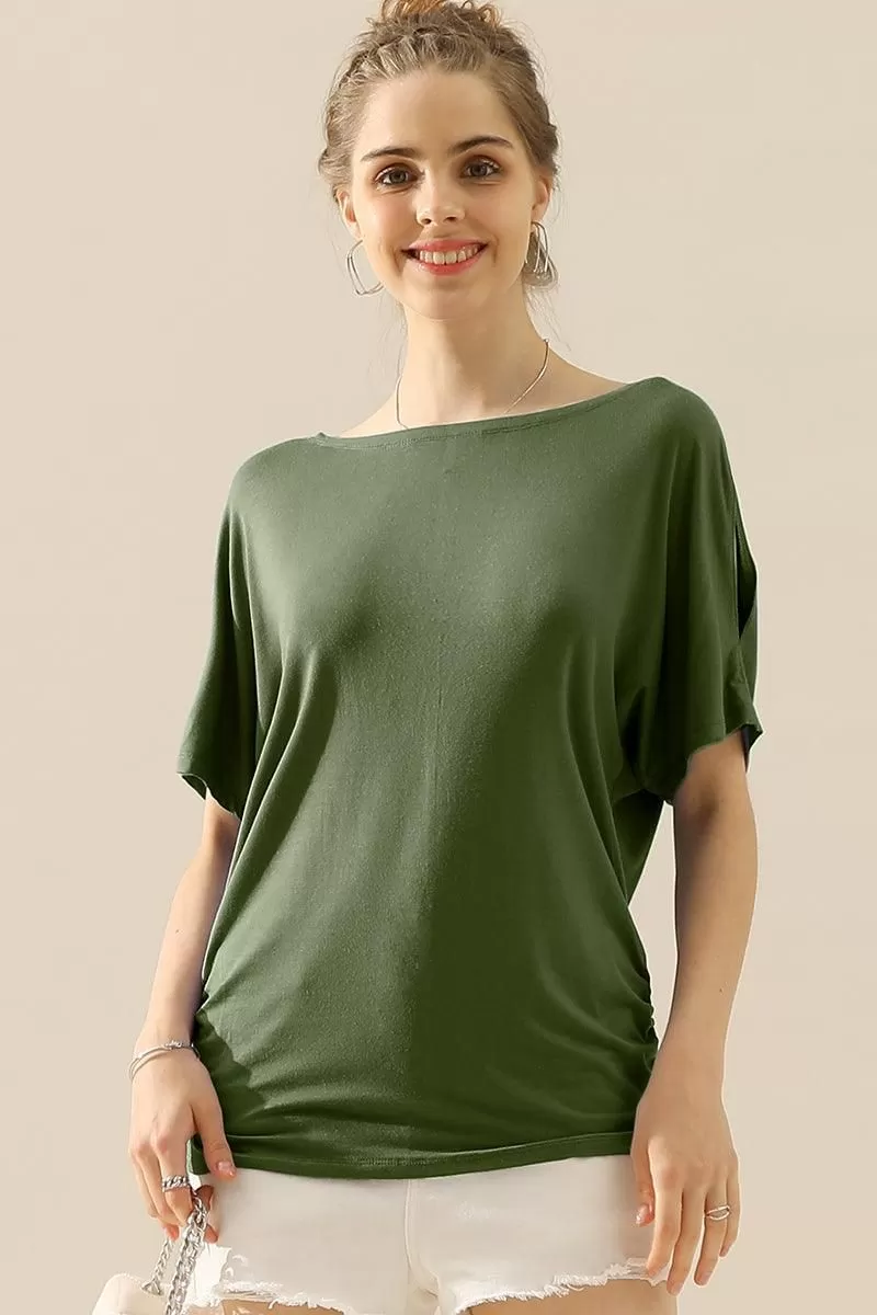 DOLMAN SIDE SLIT SHORT SLEEVE BOAT NECKLINE TEE