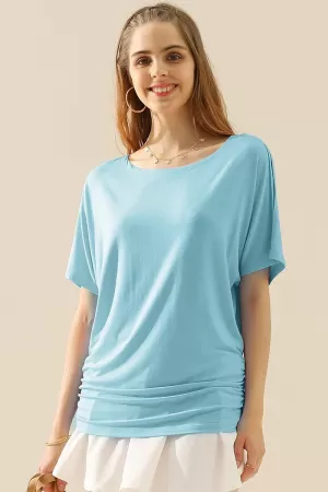 DOLMAN SIDE SLIT SHORT SLEEVE BOAT NECKLINE TEE