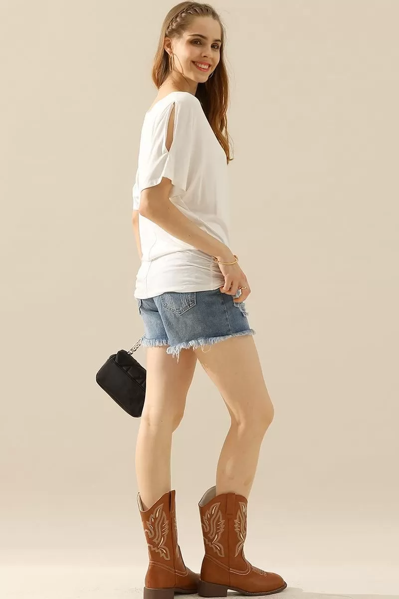 DOLMAN SIDE SLIT SHORT SLEEVE BOAT NECKLINE TEE