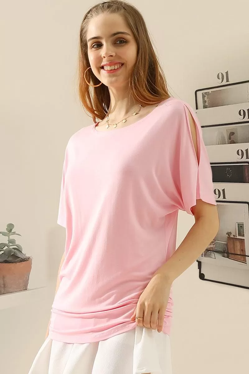 DOLMAN SIDE SLIT SHORT SLEEVE BOAT NECKLINE TEE