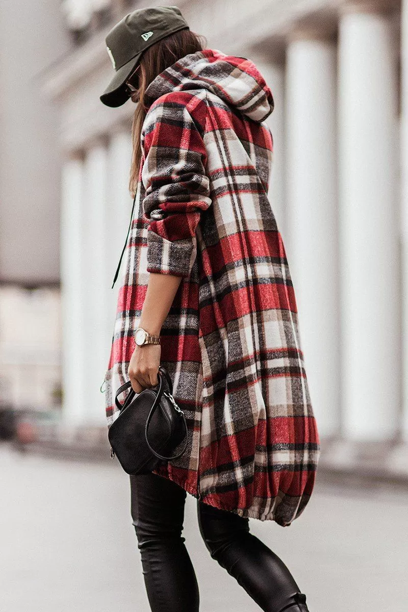 ELASTIC HEM ZIP UP PLAID PATTERN LONG JACKET