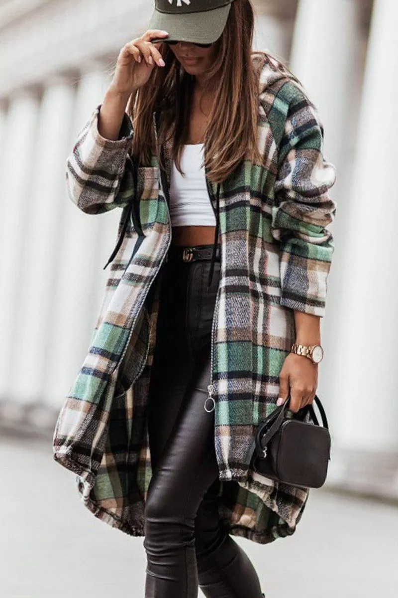 ELASTIC HEM ZIP UP PLAID PATTERN LONG JACKET