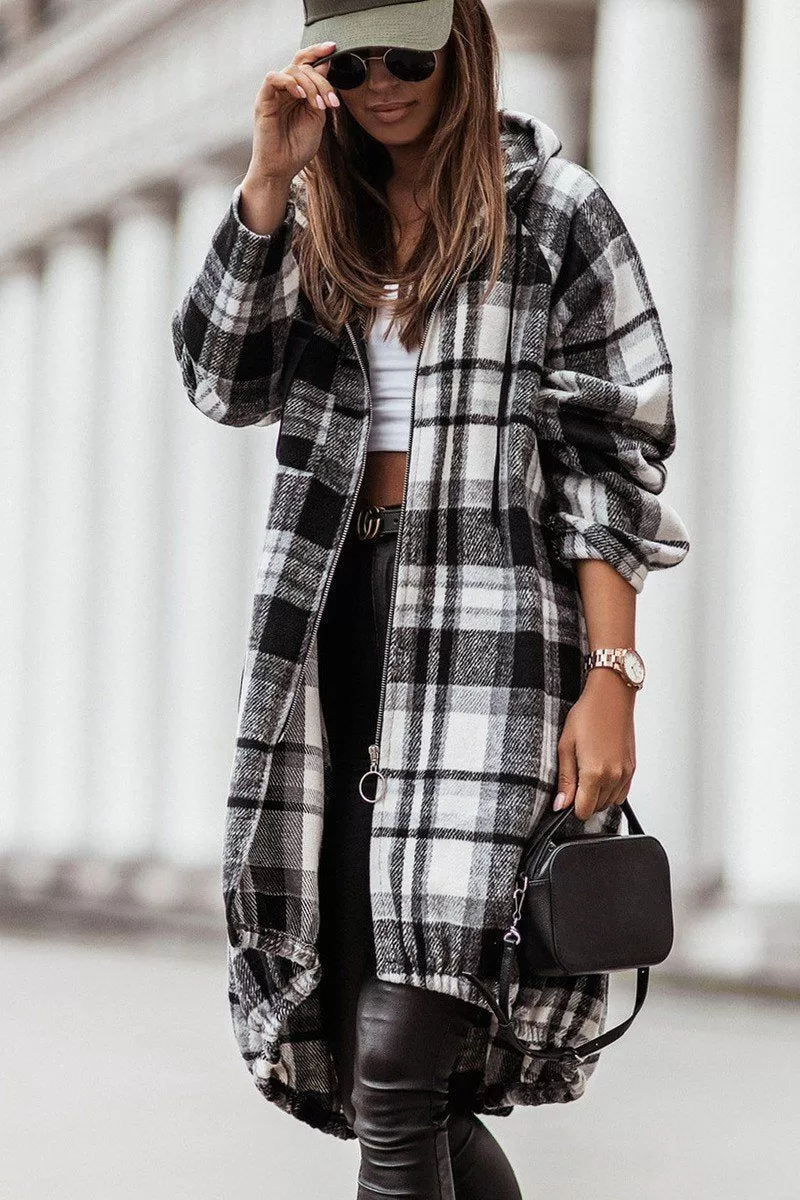 ELASTIC HEM ZIP UP PLAID PATTERN LONG JACKET