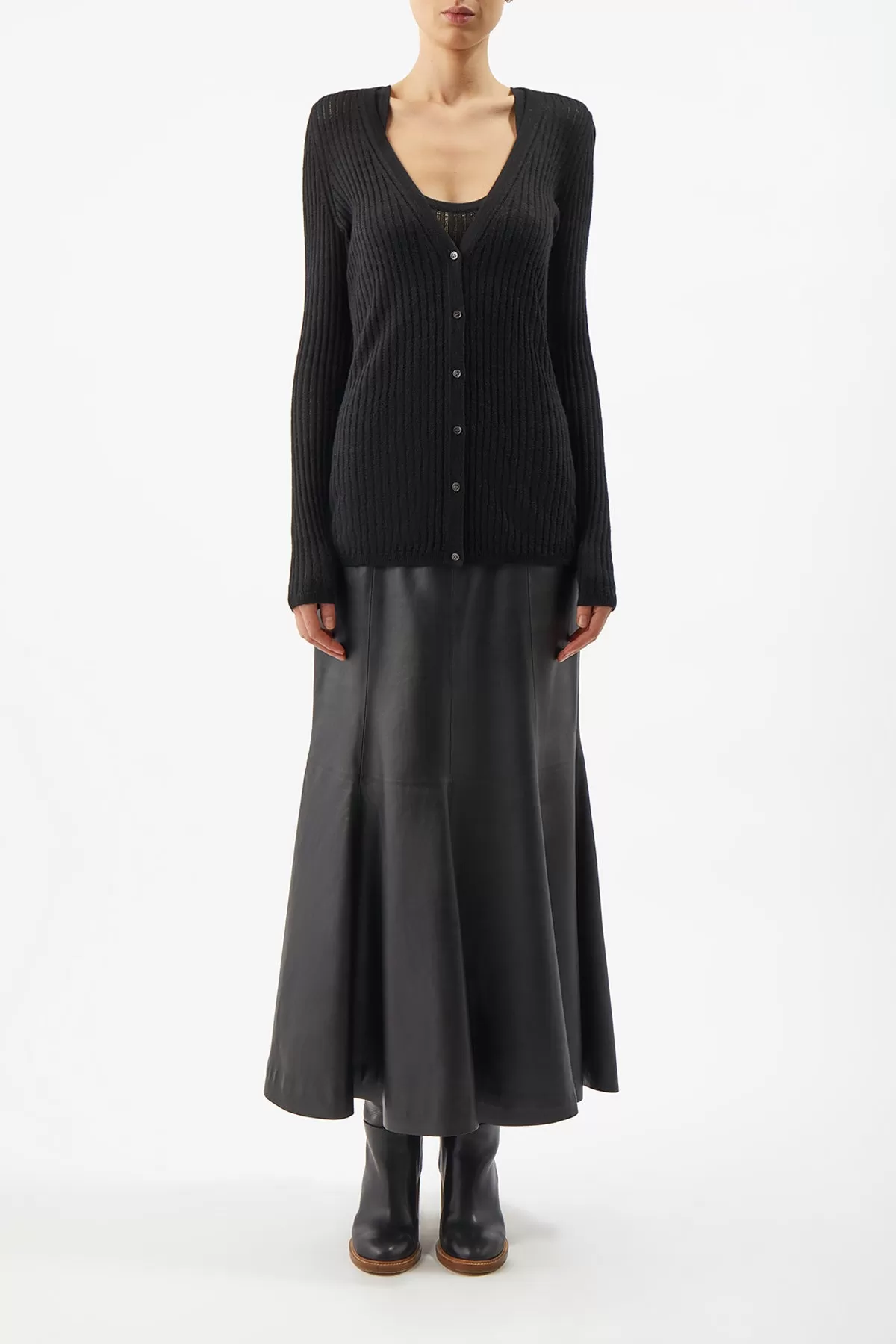 Emma Pointelle Knit Cardigan in Black Cashmere Silk