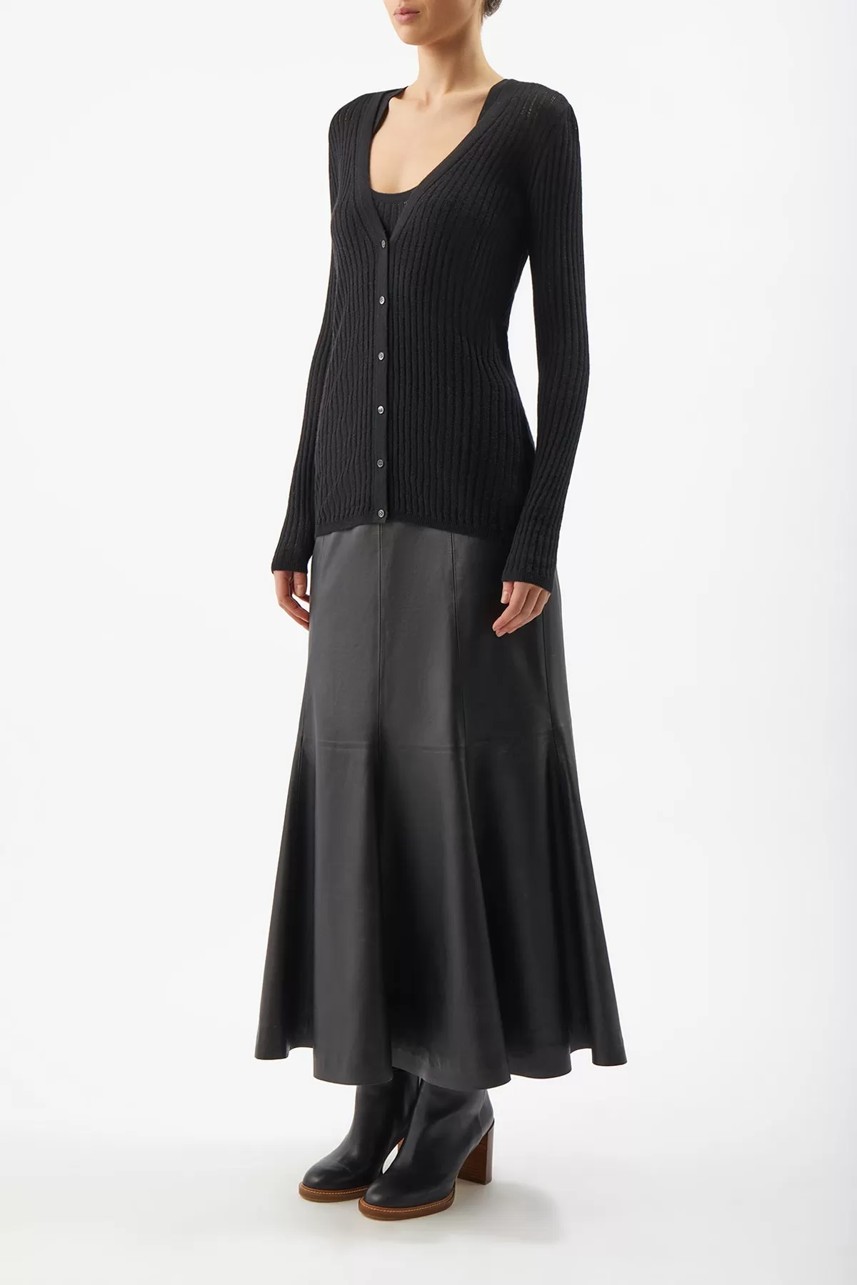 Emma Pointelle Knit Cardigan in Black Cashmere Silk