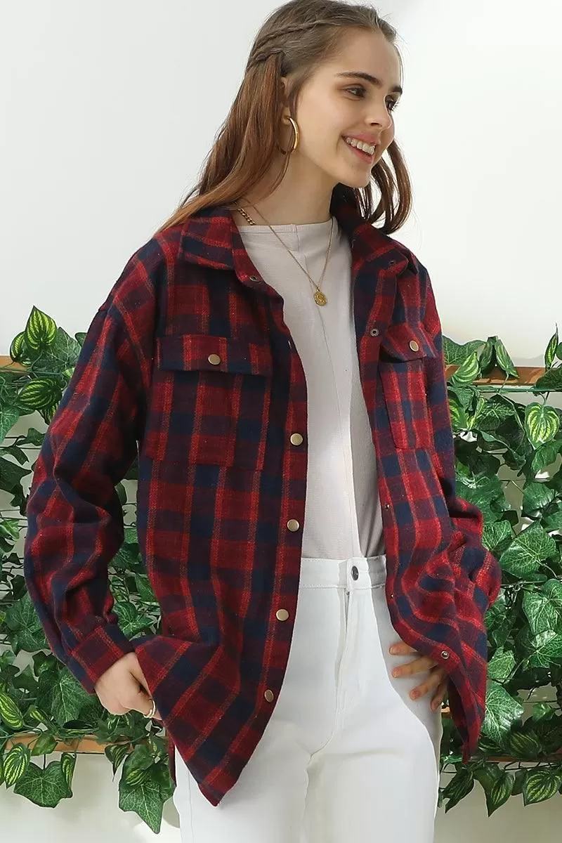 FLANNEL PLAID JACKET SHACKET WITHOUT SIDE POCKET