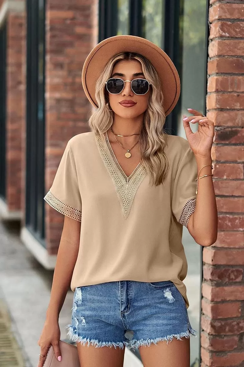 GOLD LACE POINT V NECK CHIFFON BLOUSE