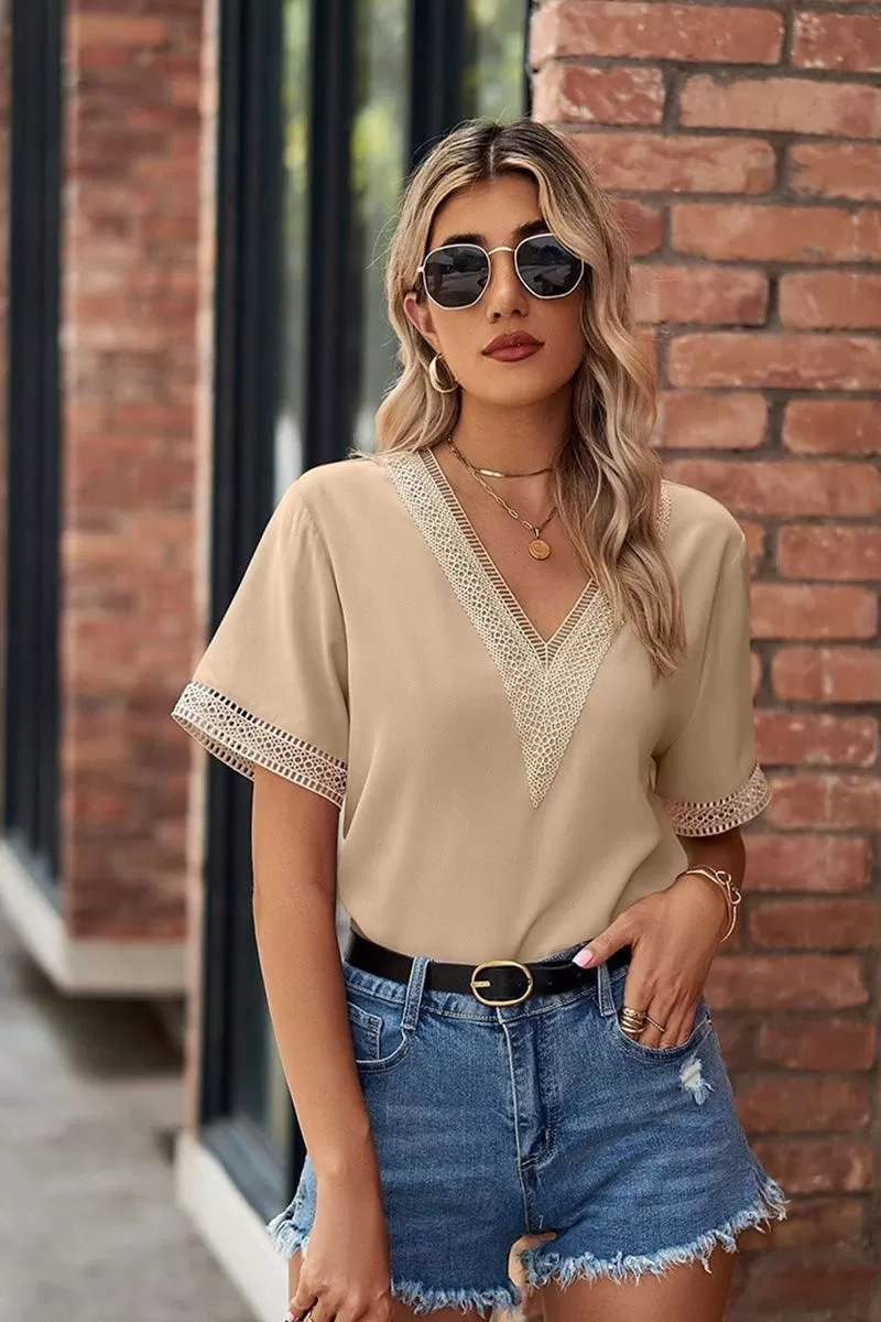 GOLD LACE POINT V NECK CHIFFON BLOUSE