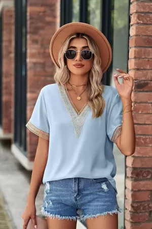 GOLD LACE POINT V NECK CHIFFON BLOUSE