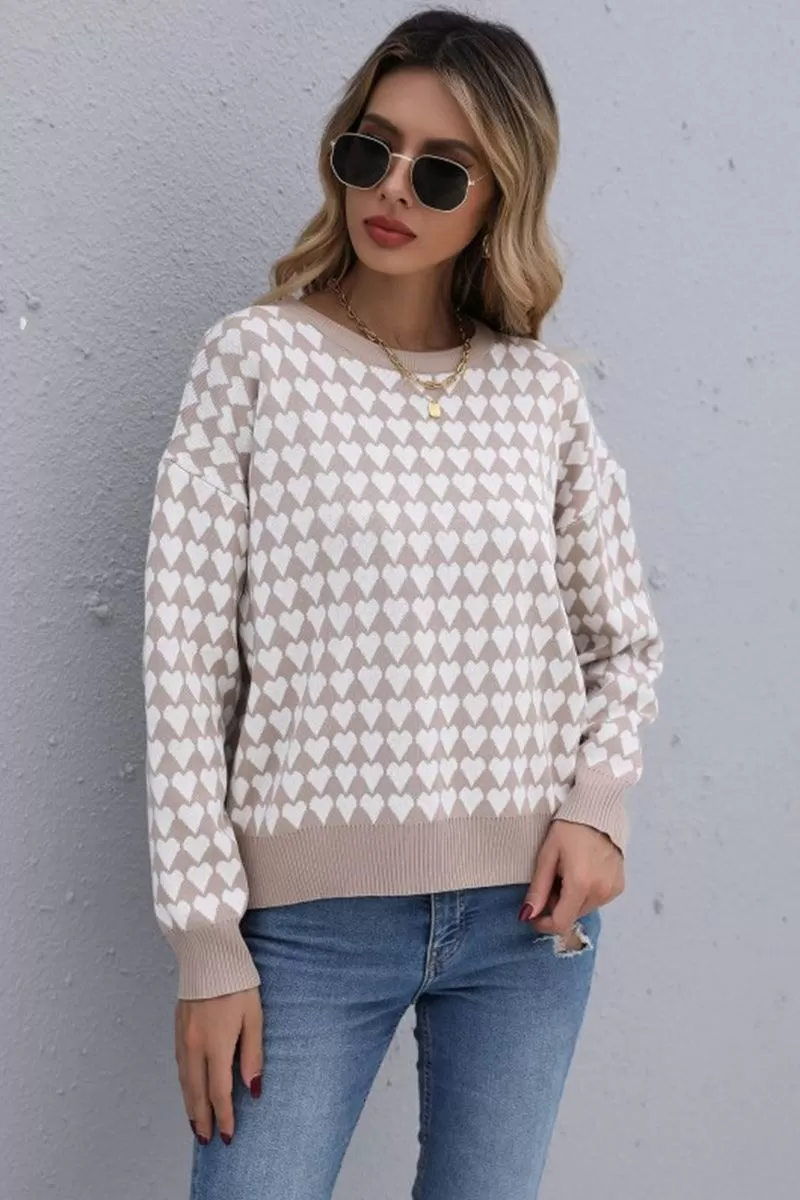 HEART PATTERN PRINTING LONG SLEEVE CASUAL TOP