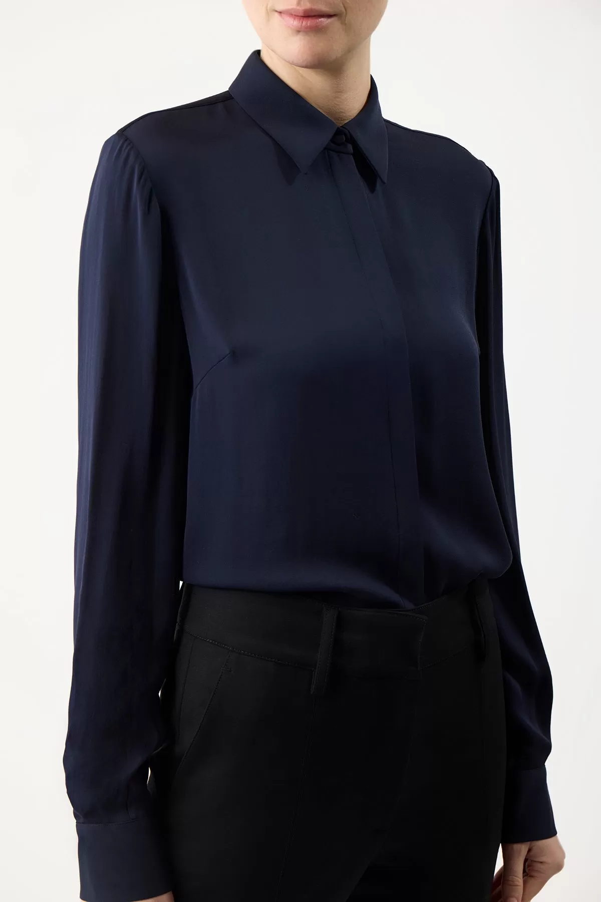 Henri Blouse in Dark Navy Silk Georgette Twill