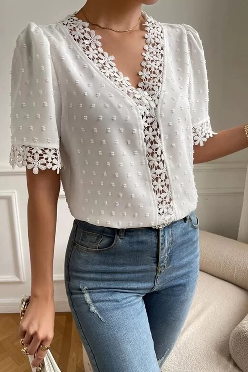 LACE DETAILED SWISS DOT WOMEN BLOUSE