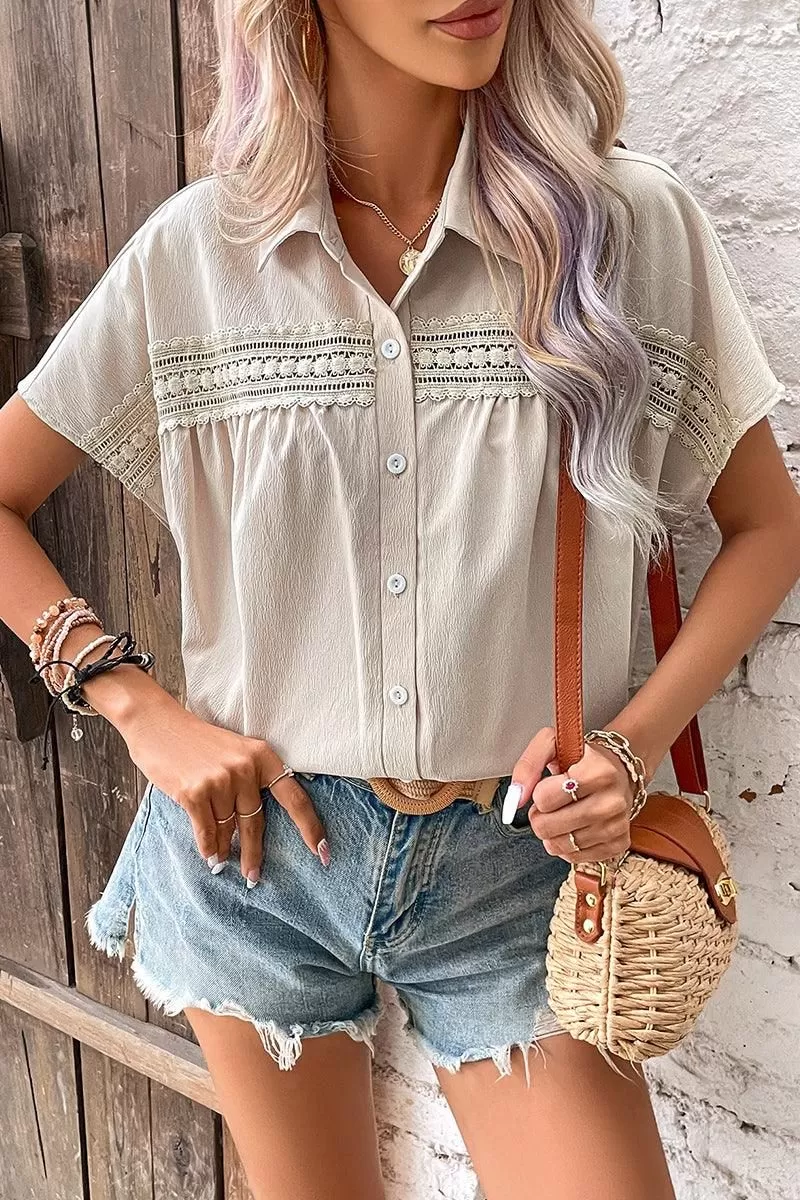 LACE POINT BUTTON UP LOOSE COLLAR SHIRTS