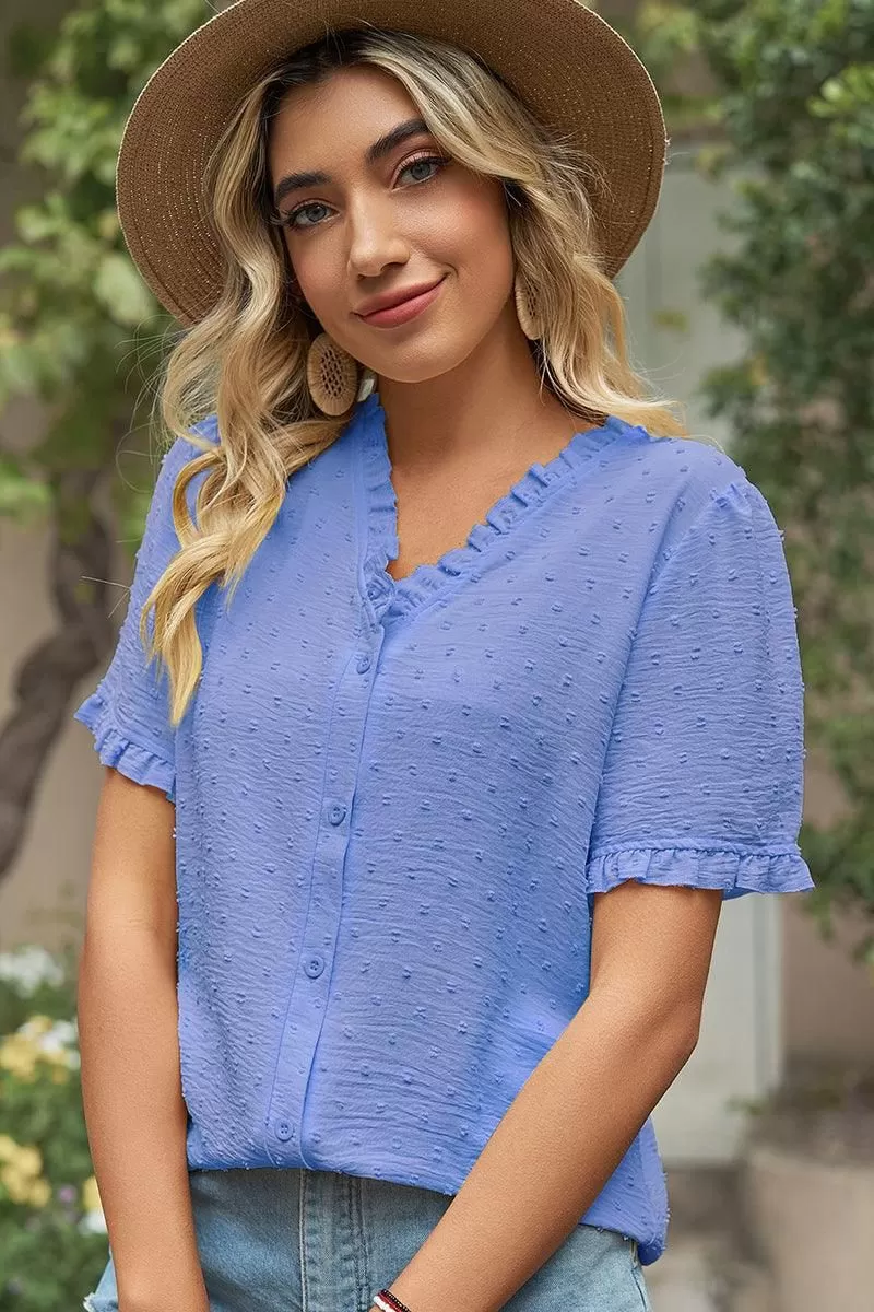 LACE V NECK PRINCESS SLEEVES CHIFFON DOT BLOUSE