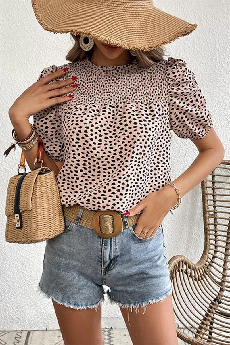 LEOPARD PRINTING SHORT PUFF SLEEVE WOMEN T SHIRT