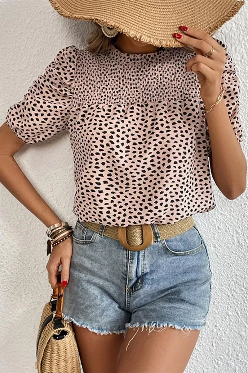 LEOPARD PRINTING SHORT PUFF SLEEVE WOMEN T SHIRT