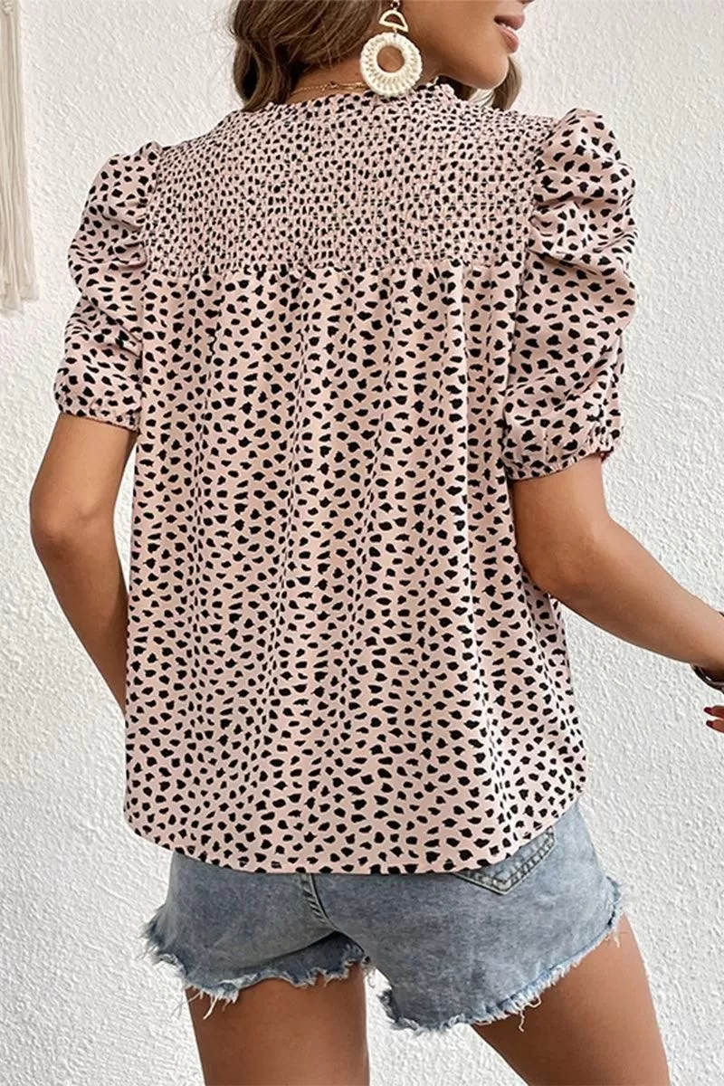 LEOPARD PRINTING SHORT PUFF SLEEVE WOMEN T SHIRT