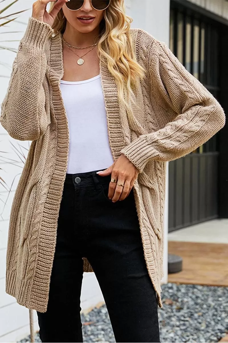 OPEN FRONT CABLE KNITTED CASUAL CARDIGAN