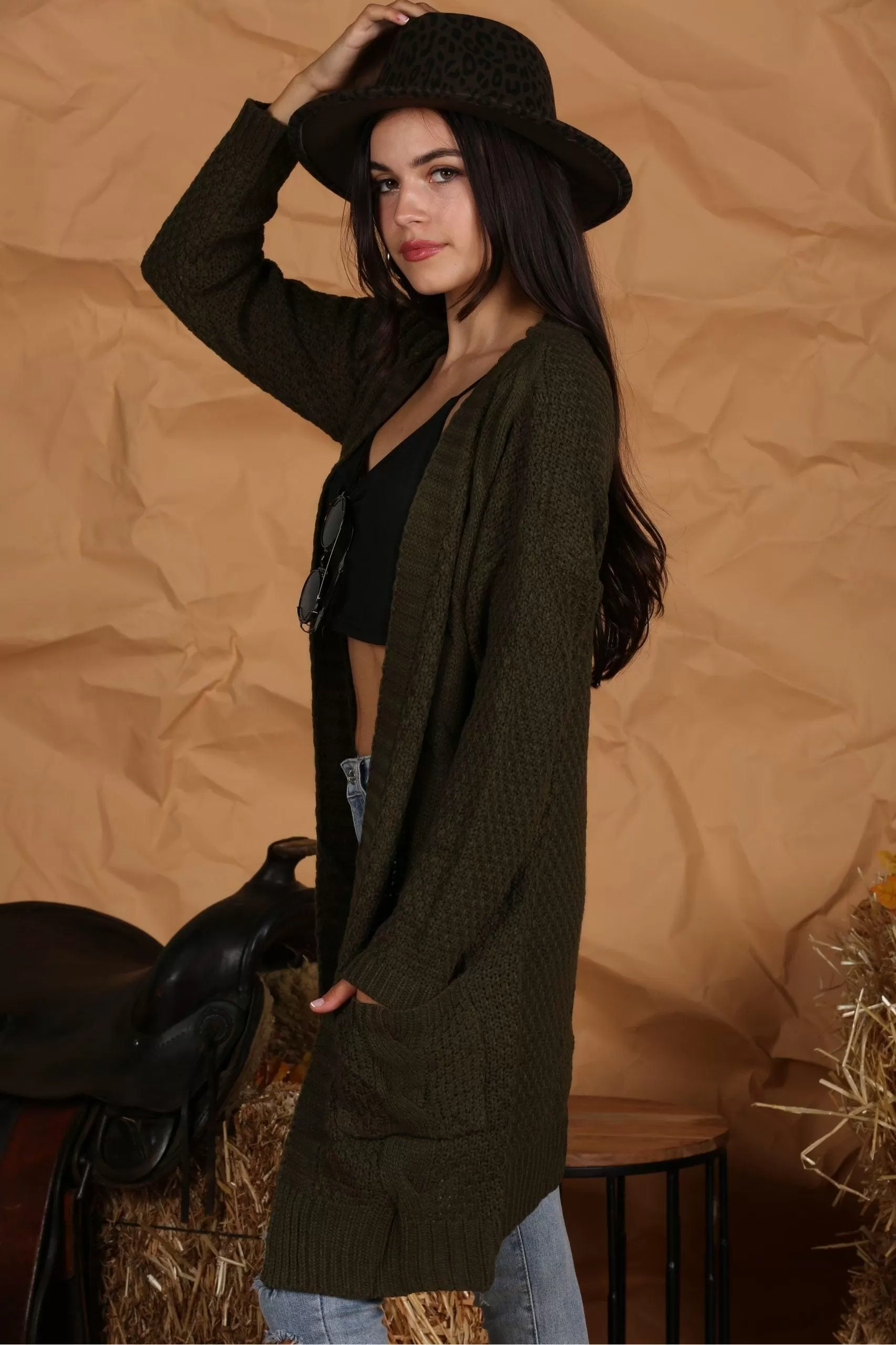 OPEN FRONT WAFFLE KNITTED LONG CARDIGAN