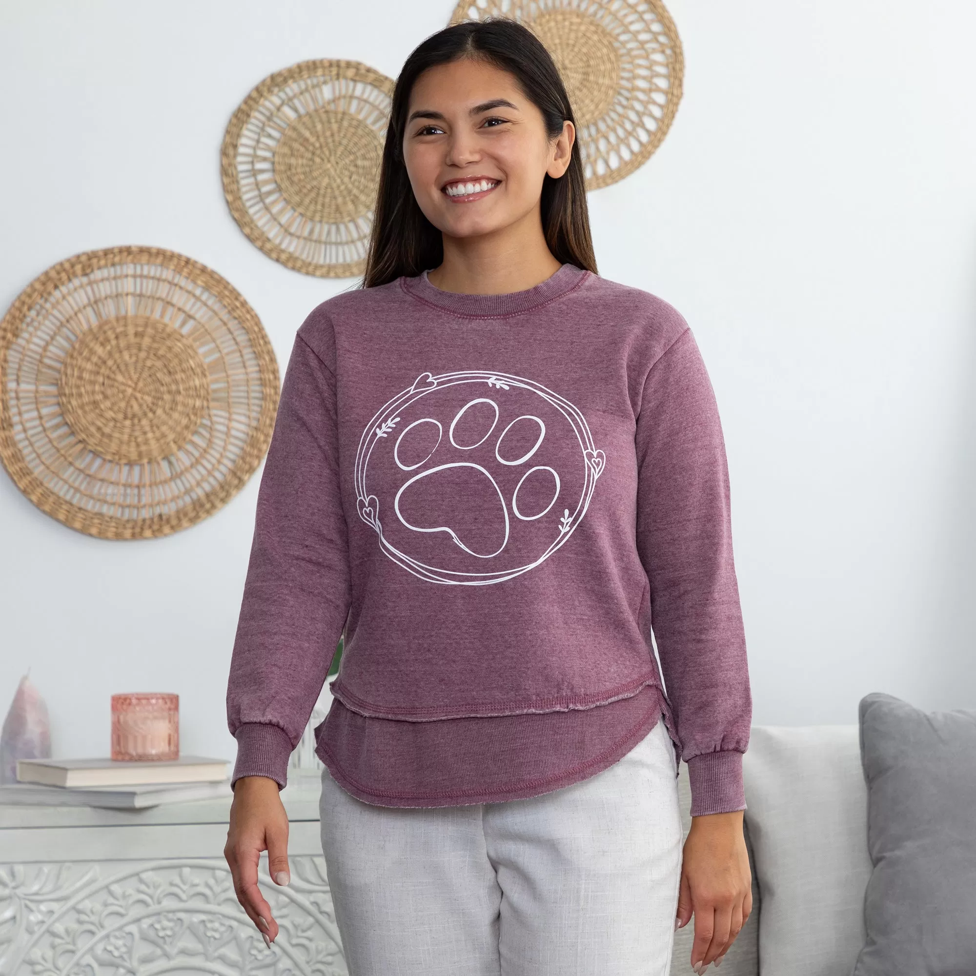 Paw & Hearts Hi-Low Burnout Crew Sweatshirt