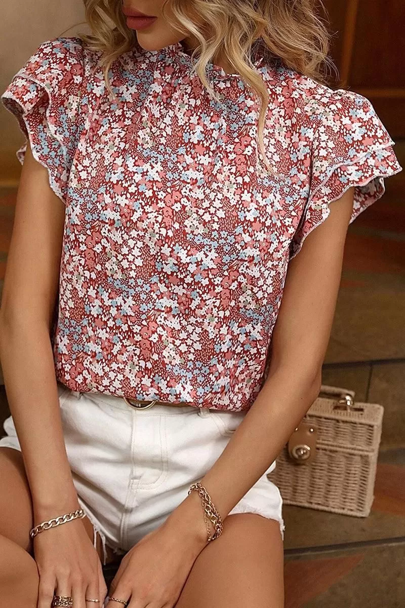 PRINTED DOUBLE RUFFLED SLEEVE BLOUSE