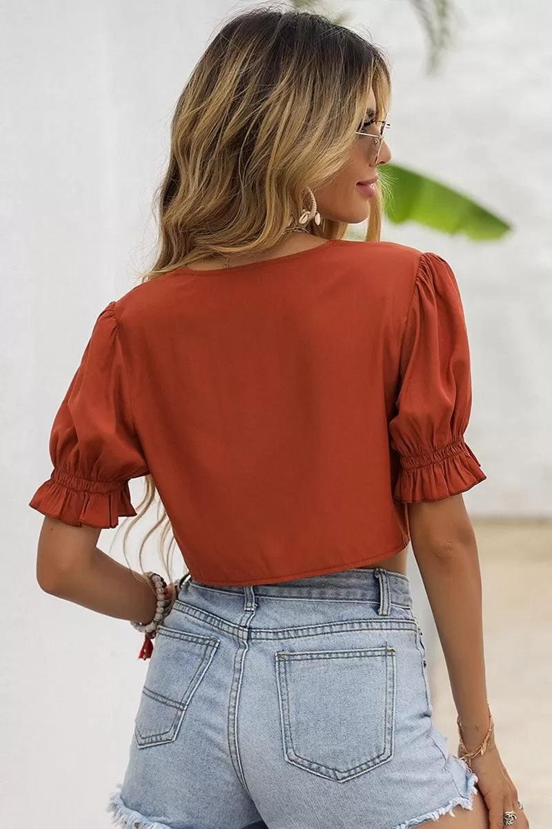 PUFF SLEEVES SEXY LACE-UP CROP TOP