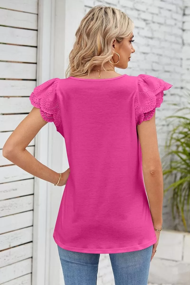 PUNCHING LACE ANGEL SLEEVE SQUARE NECK TUNIC TOP