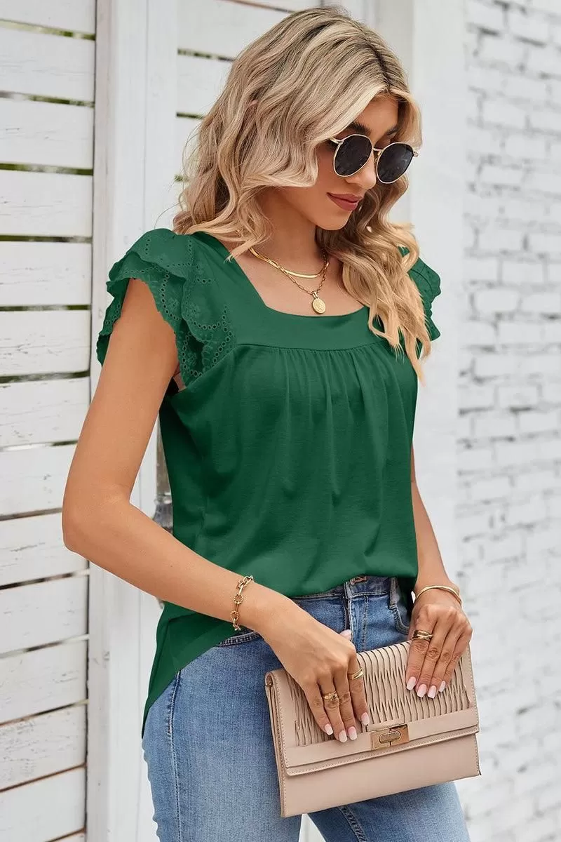 PUNCHING LACE ANGEL SLEEVE SQUARE NECK TUNIC TOP