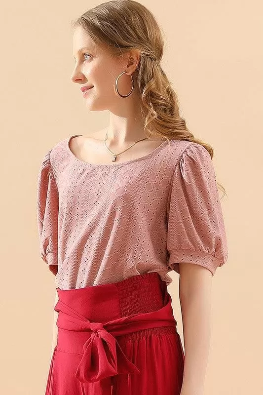 PUNCHING LACE PUFF HEM SLEEVE T SHIRTS