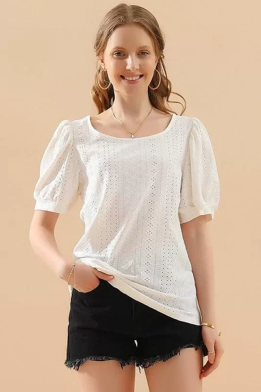 PUNCHING LACE PUFF HEM SLEEVE T SHIRTS