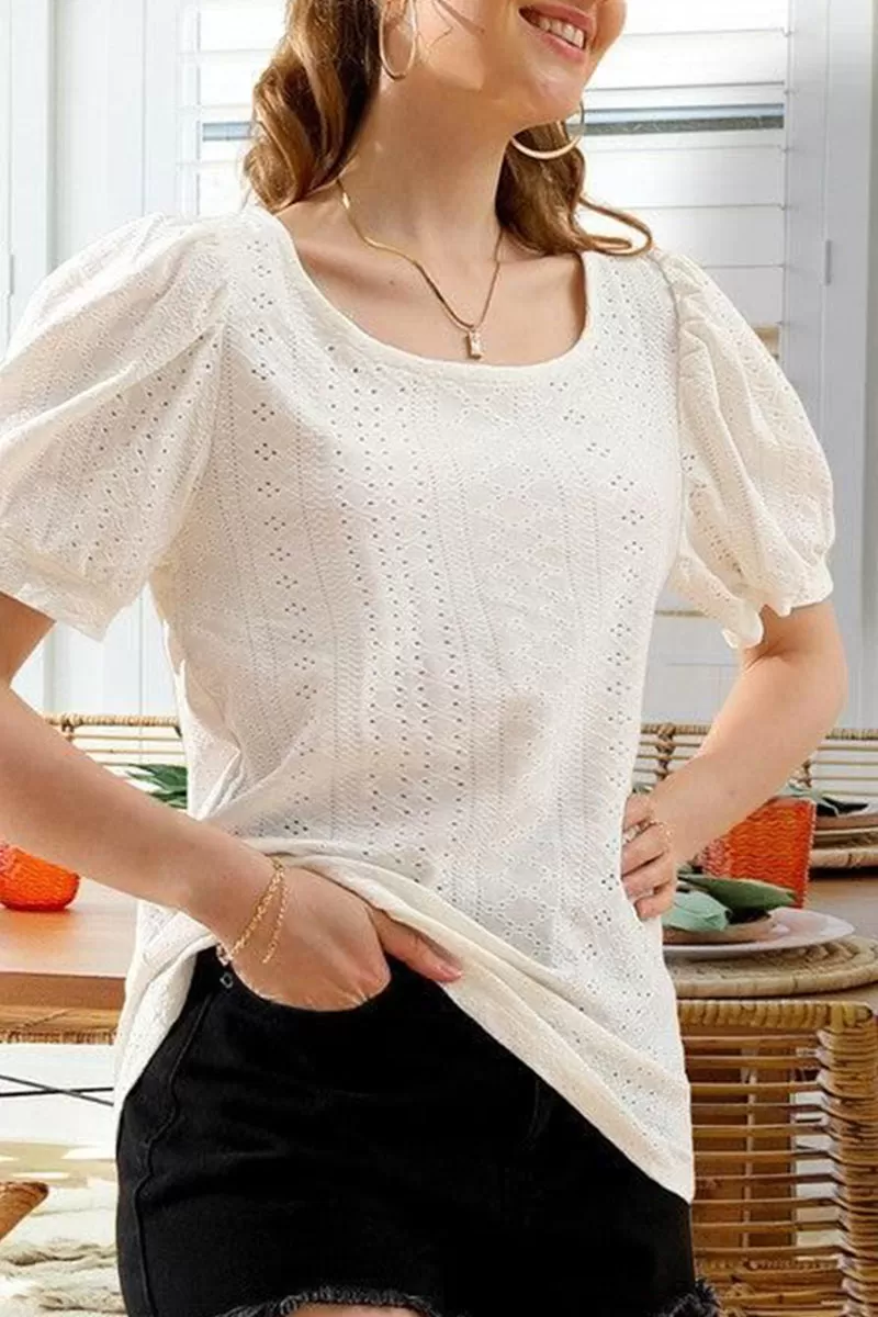 PUNCHING LACE PUFF HEM SLEEVE T SHIRTS